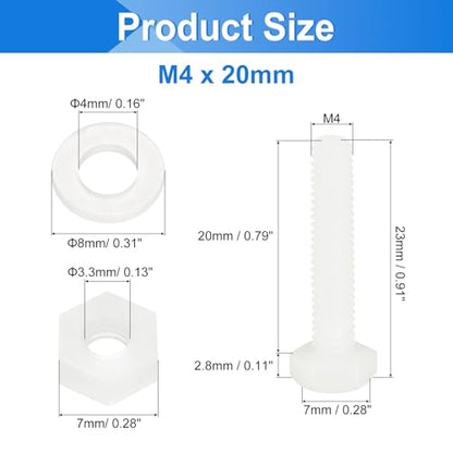 uxcell 300 Pcs/100 Sets Nylon Hex Bolts, M4 x 20mm Plastic Full Threaded Hex Head Screws Bolts and Nuts with Flat Washers for Machinery Electronics Industrial Accessories, White - size: M4 x 20mm