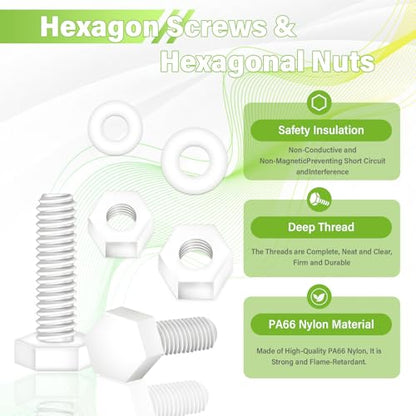 300 Pieces/100 Sets 10mm M3x10 mm Nylon White Screw Nut Washer Kit - size: M3*10 mm, style: White Hex Head Screws