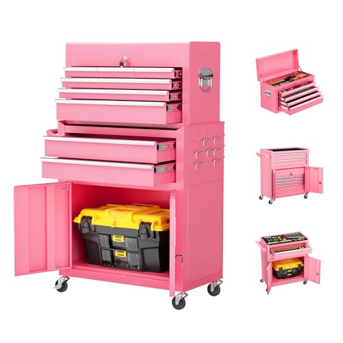 Oakcloud Heavy-Duty 8-Drawer Rolling Tool Chest & Cabinet Combo with Black Liner – Lockable Steel Garage Tool Box on Wheels – Detachable Top Toolbox & Bottom Storage Cart with Side Hooks, Pink - color: Pink, size: 8-Drawer
