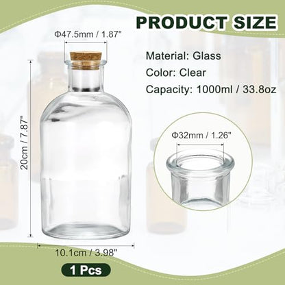 PATIKIL 1000ml Glass Reagent Bottle with Wood Stopper, Narrow Mouth 33.8oz - size: 33.8 Ounces