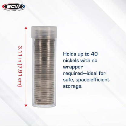 BCW Nickel Coin Tubes for US Nickels, Secure Screw-On Caps, Clear, 10 Pack - size: small