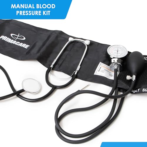 PrimaCare Medical DS-9197-BK Professional Classic Series Manual Adult Size Blood Pressure Kit, Emergency Bp kit with Stethoscope and Portable Leatherette Case, Nylon Cuff, Black - color: Black