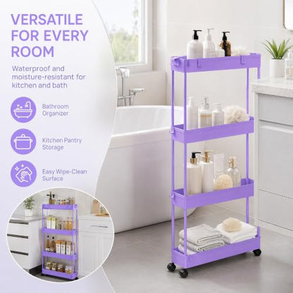 SPACELEAD Slim Storage Cart 3 Tier,Bathroom Organizer Rolling Utility,Mobile Shelving Unit Slide Out for Office, Kitchen, Laundry Room & Narrow Places,Purple - color: Purple