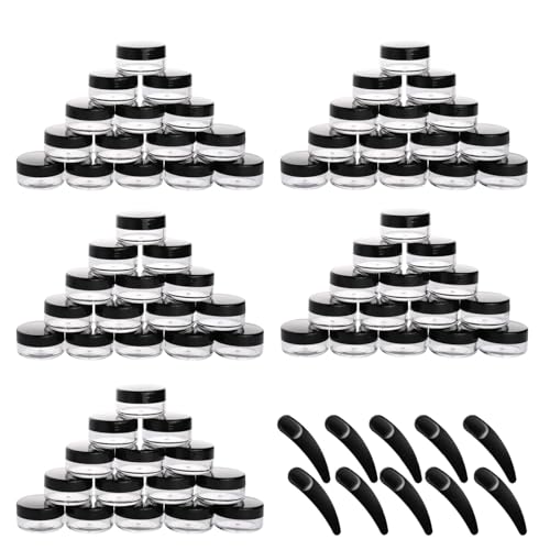 Refillable Cosmetic Sample Jars - 100 Pack 10g (0.35oz) Black Small Travel Containers with Lids + 10 Mini Makeup Spatulas - BPA Free - color: Black