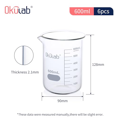 6 Pcs 600mL Glass Beaker, Low Form, Graduated 3.3 Borosilicate Glass Beakers for Lab, Classroom, Craft, Kitchen,BKLG600A6 - style: Vol.600ml, Case of 6