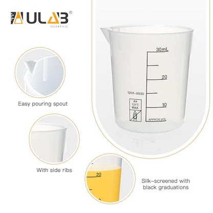 ULAB Scientific Stackable Graduated Plastic Beakers, 12pcs of Vol.30ml(1.01oz), with Easy-to-Read Printings in Black, UBP1020