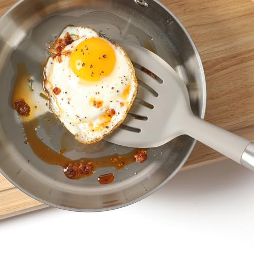 Calphalon Prime Slotted Turner, Kitchen Flipping Spatula, Slotted Spatula with Silicone Head and Stainless Steel Handle, Heat Resistant Nonstick Cookware for Flipping and Draining (Taupe) - color: Taupe III, size: Slotted Turner