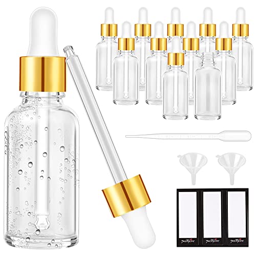 PrettyCare Glass Eye Dropper Bottles 2oz (60ml), 12 Pcs Clear Empty Thick Bottles Bulk with Leakproof Golden Caps - With Labels & Funnels for for Storage, Travel,Essential Oils, DIY Serums, Tincture - color: 2oz Clear, style: 12 Pack