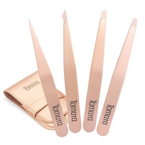Tomata Tweezers for Eyebrows, Slant Tip and Pointed Eyebrow Tweezer Set Great Precision for Eyebrows Facial Hair, Ingrown Hair, Splinter, Blackhead and Tick Remover (4-piece) (Gold) - color: Gold