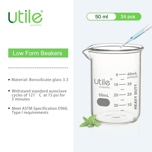 Utile 50ml Beaker Shot Glasses, 24pcs of 1.7oz Low Form Glass Beakers Set, Borosilicate 3.3 Glass Chemical Beaker with Printed Graduation, 4000.0050.24 - style: 50 ml (24pcs)