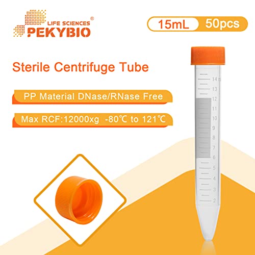 PEKYBIO 15ml Centrifuge Tubes with Leak-Proof Screw Cap, Sterile Plastic Test Tubes Conical Bottom, 50Pcs - size: 15ML Concial Bottom