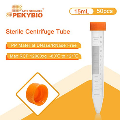 PEKYBIO 15ml Centrifuge Tubes with Leak-Proof Screw Cap, Sterile Plastic Test Tubes Conical Bottom, 50Pcs - size: 15ML Concial Bottom