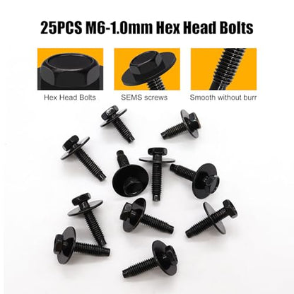weideer 50PCS M6-1.0 Universal Fender Liner Screw U Nut Kit,Engine Splash Shield Hex Head Screw U Clips,Automotive Body Screws Clips(25sets) K-194-25 - color: BK-M6