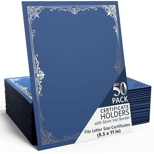 50 Pack Double Sided Certificate Holders 8.5x11 Blue - Heavyweight 300gsm Cardstock Diploma Holder - Dual Certificate Folder Letter Size Award Certificate for Graduation with Silver Foil Diploma Cover - color: Blue-Silver, size: 50 Pack