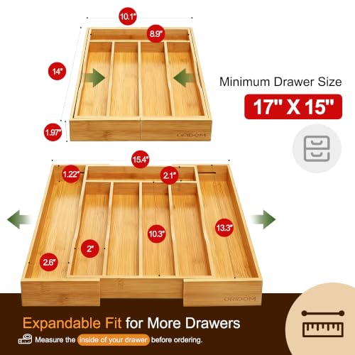 Expandable Bamboo Kitchen Drawer Organizer for Cutlery and Utensils, Adjustable Bamboo Wood Cutlery Tray in Drawer for Flatware and Silverware in Kitchen, (Natural) - color: Natural, size: 7 Slots Expandable