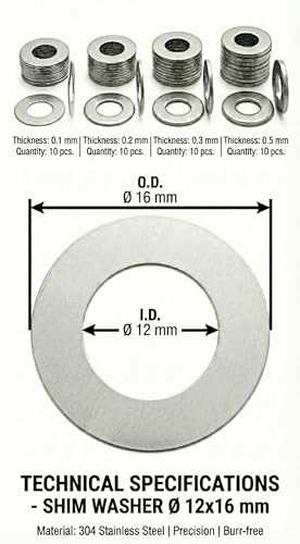 12x16mm Bearing Shim Washers Kit Stainless Steel 40pc 0.1-0.5mm - size: 12x16