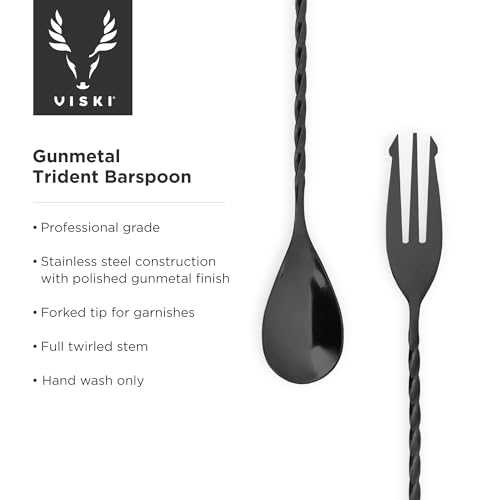 Viski Trident Barspoon with Full Twisted Stem Handle | Cocktail Spoon, Bartender Tool for Mixing Glasses, Swizzle Stick, Gunmetal Finish - color: Black