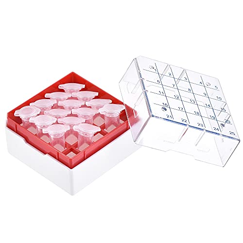uxcell Centrifuge Tube Freezer Storage Box 25 Places Waterproof Polypropylene Cryogenic Holder Rack for 1.8/2ml Microcentrifuge Tubes Vials Samples, Red - color: Red