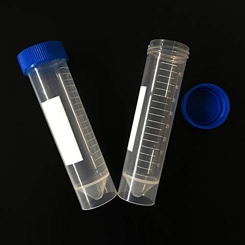 lasenersm 10 Pieces 50ml Plastic Centrifuge Tubes Clear Plastic Graduated Vial Tube with Blue Screw Caps Storage Container Test Tubes Conical Bottom Standing Vial for Cold Storage