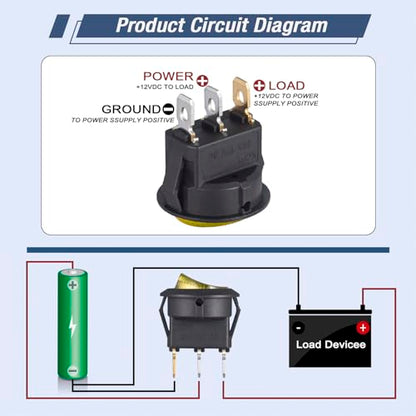 VEXUNGA Round Rocker Switch 12V 20A Yellow Light Iluminated Small Rocker Switch On Off 3 Pin Circle Square Toggles Switches for RV Car Truck Boat (Pack of 5pcs) - style: 5Pcs 3 Pin ON/OFF - Yellow