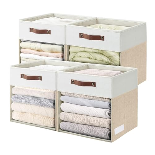 Bagnizer Storage Cubes, 4 Pack Linen Foldable Storage Bins with Clear Window and 2 Handles, 13x15x13 Storage Cube Bins for Shelf Closet, Kallax, Clothes, Books - (Beige / Off-White) - color: Beige / Off-White, size: 13 x 15 x 13