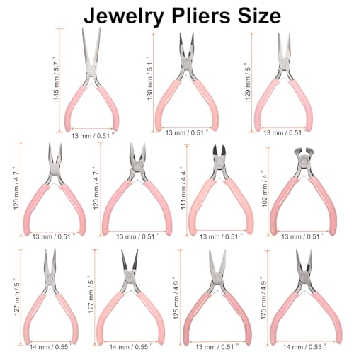 HARFINGTON 11pcs Jewelry Pliers Kits Jewelry Making Pliers Tool Needle/Round/End Cutter/Bent/Long/Flat Nose Pliers Wire Cutter & Diagonal Cutter for Beading Tool Hobby Craft, Pink