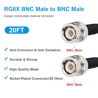 MOOKEERF BNC Male to Male Coaxial Cable 50 ohm Ultra Low Loss RG8X Coax Cable for Antenna, RF Radio, Modem, Oscilloscope, Spectrum Analyzer, Signal Generator (20FT) - size: 20FT