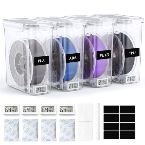 4 Pack Filament Storage Box - 4L 3D Printer Filament Containers with 4 Hygrometers, Airtight Dry Boxes for Sealing and Protection, with Water-Proof & Dust-Proof, Reusable Desiccant