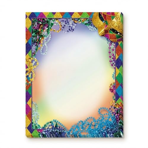 PaperDirect Bourbon Street Mardi Gras Border Paper, Multicolor Harlequin Glitter Print with Mask and Beads Design, 8.5 x 11, Acid-Free, Stationery for Party Invitations, Cards, 25 Sheets - color: Bourbon Street