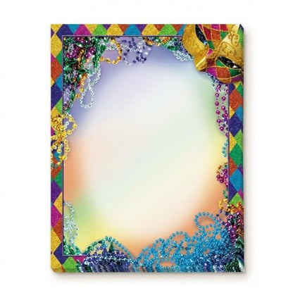 PaperDirect Bourbon Street Mardi Gras Border Paper, Multicolor Harlequin Glitter Print with Mask and Beads Design, 8.5 x 11, Acid-Free, Stationery for Party Invitations, Cards, 25 Sheets - color: Bourbon Street