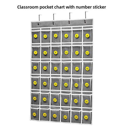 SAVERHO 36 Clear Pockets Classroom Pocket Chart for Cell Phones and Calculator Holder, Pocket Chart for Classroom Phone Holder with Number Stickers and Hooks (Grey) - color: Grey-1pack of 36pockets