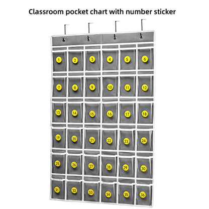 SAVERHO 36 Clear Pockets Classroom Pocket Chart for Cell Phones and Calculator Holder, Pocket Chart for Classroom Phone Holder with Number Stickers and Hooks (Grey) - color: Grey-1pack of 36pockets