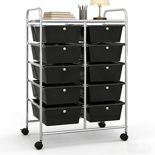 COSTWAY 10 Drawer Rolling Storage Cart, Utility Cart with Lockable Wheels - color: Black, size: 10 Drawer