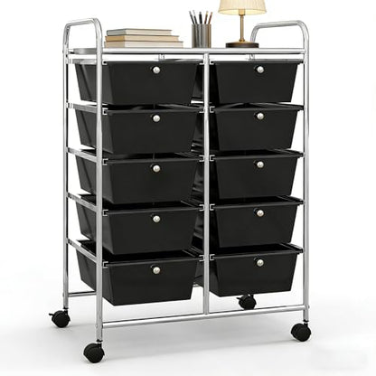 COSTWAY 10 Drawer Rolling Storage Cart, Utility Cart with Lockable Wheels - color: Black, size: 10 Drawer