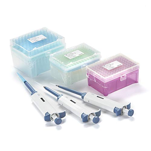 Set of 3 Variable Volume Single Channel Pipettes, Adjustable Pipettors, 0.5-10 µl, 20-200 µl, 100-1000 µl with 3 Boxes of sterile Pipette Tips