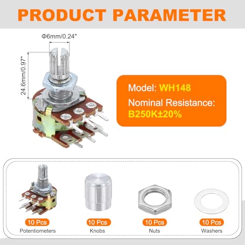 MECCANIXITY 10 Set WH148 B250K Ohm Potentiometer Kit 6-Pin 15mm Shaft