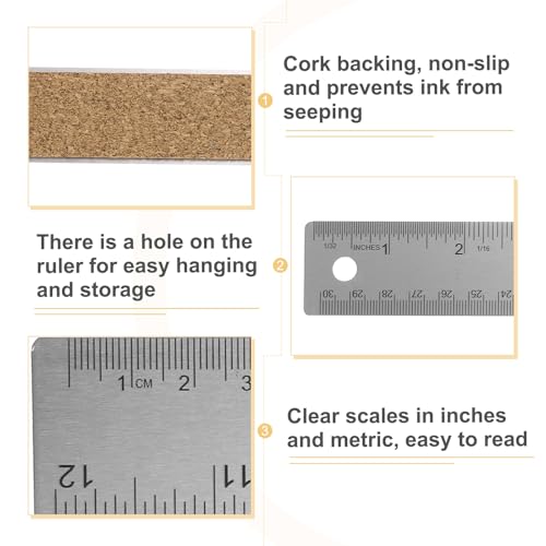HARFINGTON 3pcs Stainless Steel Metal Ruler 20/30/35cm Straight Edge with Cork Backing Non-Slip Inch Metric Metal Ruler for Classroom Office Home Drafting Tools - size: 20/30/35cm