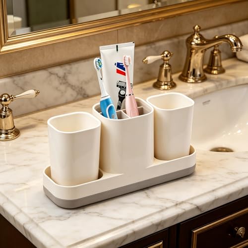 Toothbrush Holder with Cups and Toothpaste Organizer, Bathroom Storage for Electric Toothbrushes, Bathroom Accessories Set for Kids and Families, Practical Bathroom Counter Organizer, White - color: White