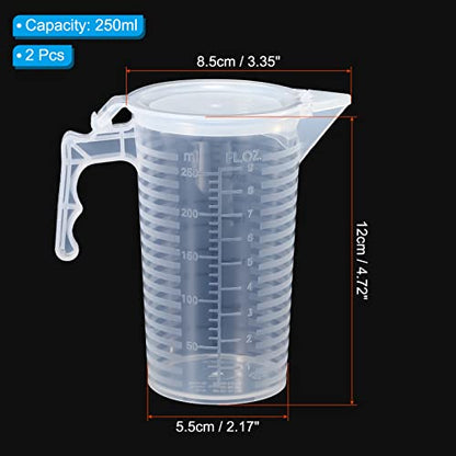 PATIKIL Graduated Beaker, 2 Pack 250ml PP Plastic Liquid Measuring Cup Double Sided Black Graduations with Handle Lid and Spout for Lab Kitchen Home - size: 250ml