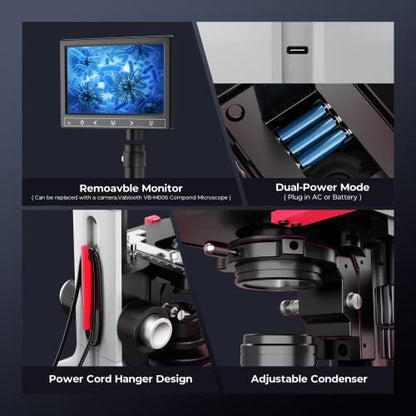 [Dual Power Supply] Vabiooth Lab Compound Trinocular Microscopes 40X-2500X Magnification with 7" LCD Replaceable Split Screen 5MP E-Eyepiece, Two-Layer Mechanical Stage,20mm Ultra Wide-Field Eyepieces - style: 7" Screen Trinocular