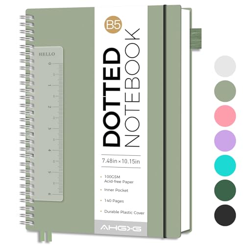 AHGXG Dotted Journal, Grid Spiral Notebook, 140 Pages, B5 (7.6" x 10") - color: Sage Green, style: B5-Dotted