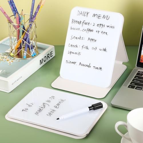 Dunzoom 2 Sets 4 Pcs Small Glass Desktop Whiteboard with Reversable Stand 8x6 Inch Mini Dry Erase White Board Easel with 2 Markers Reusable Desk Notepad for Home Office School Supplies (White) - color: White