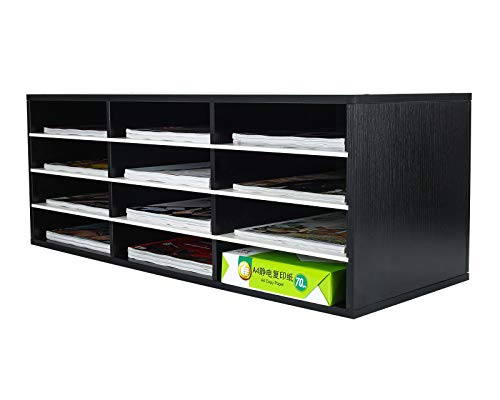 PAG-Mass Mail Sorter Organizer, Wood Countertop Literature Organizer, Student Mailbox for Classroom, Desktop Bill Paper Organizer for Office Home School, 12 Compartments, Black&White - color: Black&white, size: 31.5" x 12.2" x 11.8"