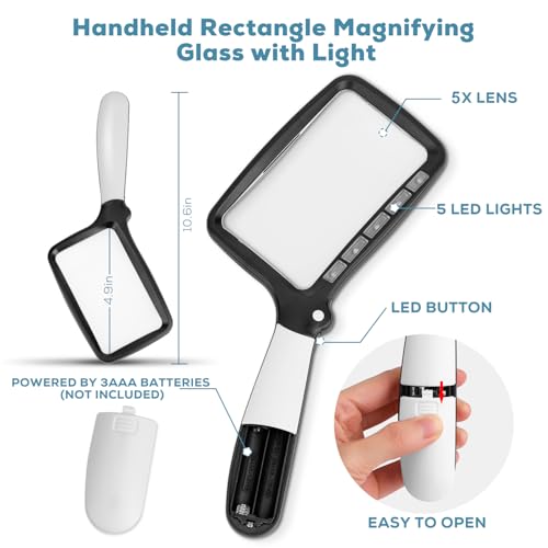 Folding Handheld Magnifying Glass with Light, 5X Large Rectangle Reading Magnifier with Dimmable LED for Seniors with Macular Degeneration, Newspaper, Books, Small Print, Lighted Gift for Low Visions - color: Black White