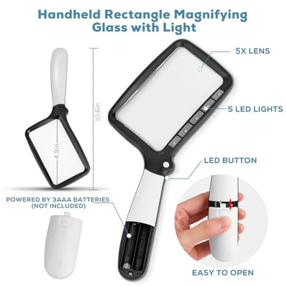 Folding Handheld Magnifying Glass with Light, 5X Large Rectangle Reading Magnifier with Dimmable LED for Seniors with Macular Degeneration, Newspaper, Books, Small Print, Lighted Gift for Low Visions - color: Black White