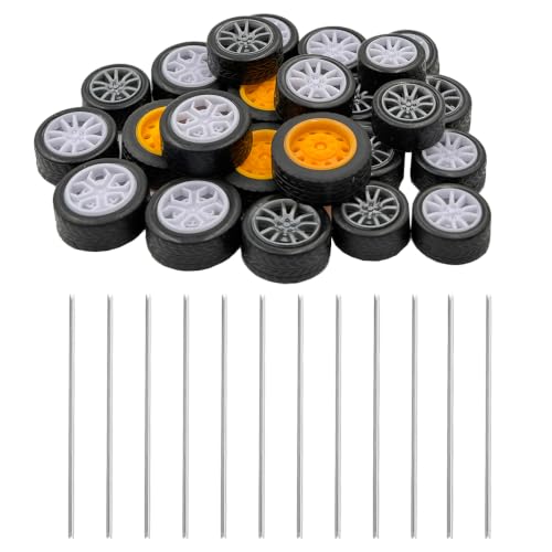 24PCS Small Toy Car Wheel 2mm Dia Shaft Model Car Rubber Tire Wheel with 12PCS Round Shaft Axles for for DIY Model Car Truck Robot Boat Helicopter Replacement Parts (Mix Color 1)