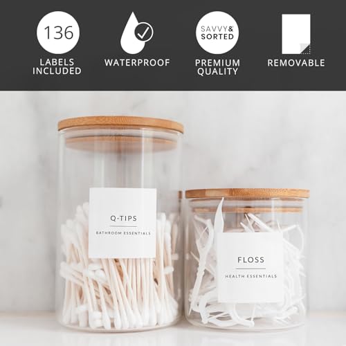 Minimalist Bathroom Labels for Organizing, 136 Preprinted Bath Room and Makeup Organizer Stickers, Waterproof Removable, Soap Shampoo Storage Supplies - style: White Bathroom Labels