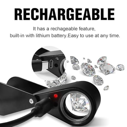 10X Rechargeable Jewelers Loupe with UV & LED Lights Four Light Modes, 22mm Triplet Lens Illuminated Folable Eye Loop Magnifier Pocket Jewelry Magnifying Glass for Jewelry, Gemstone, Coins, Stamps - color: Black