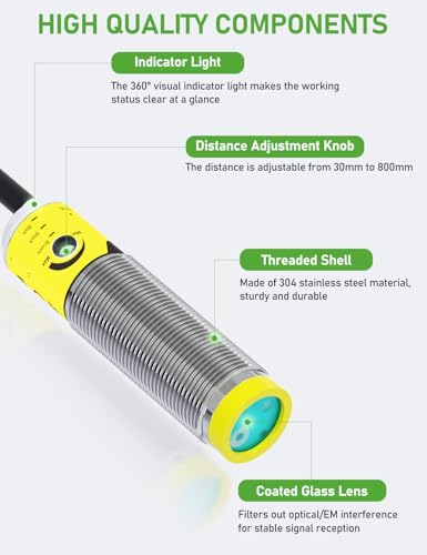 DIHOOL Photoelectric Proximity Sensor, Laser Motion Switch,IP65 Waterproof, Normally Open NPN NO, M16, 3 Wires,12V/24V Input(10-30VDC), Detection Distance Adjustable from 3cm to 80cm