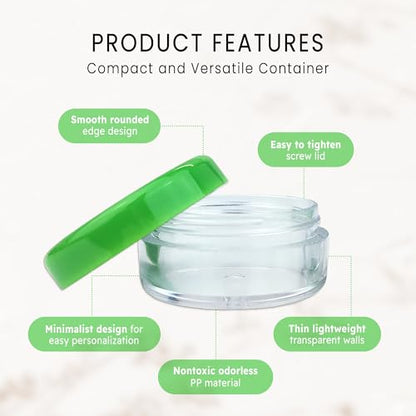 50 New Empty 5 Grams Acrylic Clear Round Jars - BPA Free Containers for Cosmetic, Lotion, Cream, Makeup, Bead, Eye shadow, Rhinestone, Samples, Pot, Small Accessories 5g/5ml (GREEN LID)